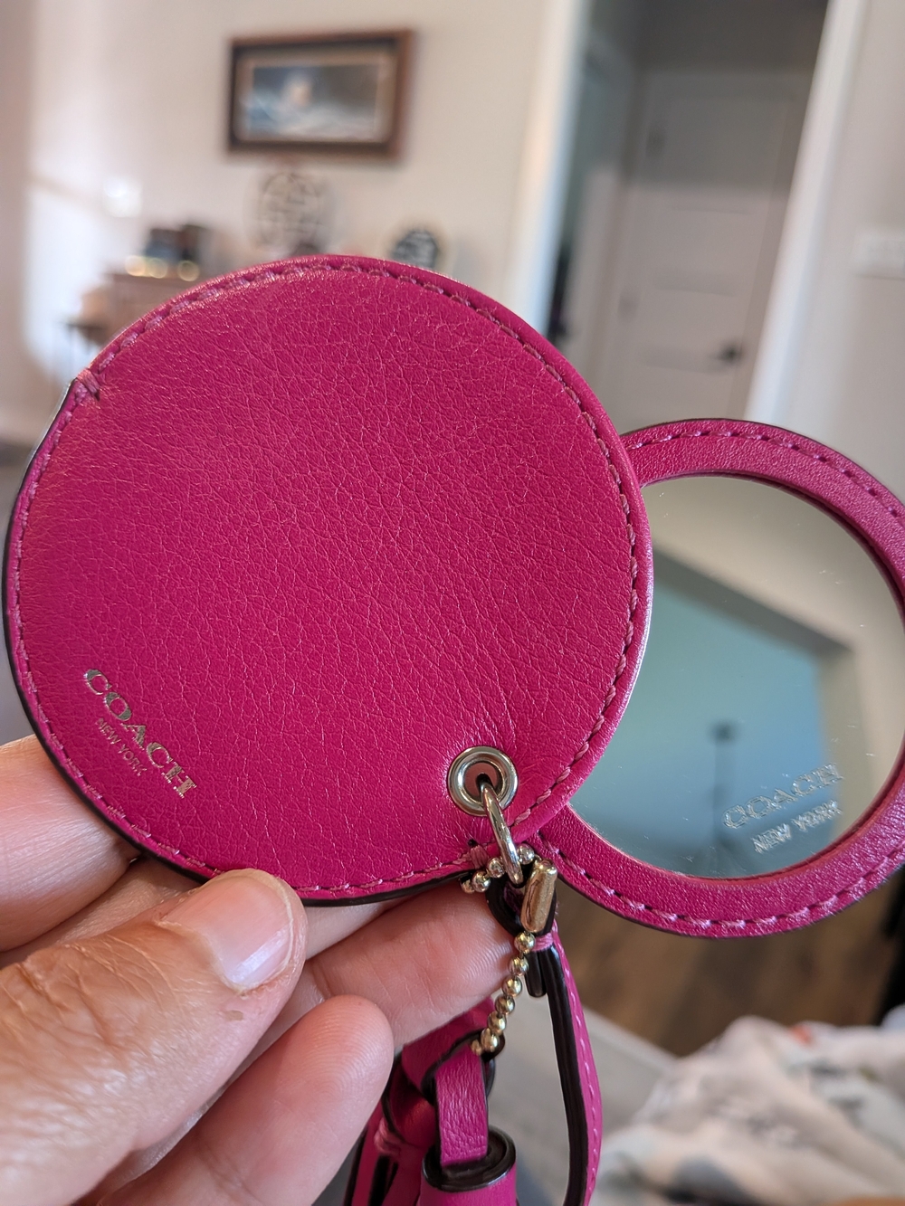 COACH Pink Leather Compact Mirror Keychain